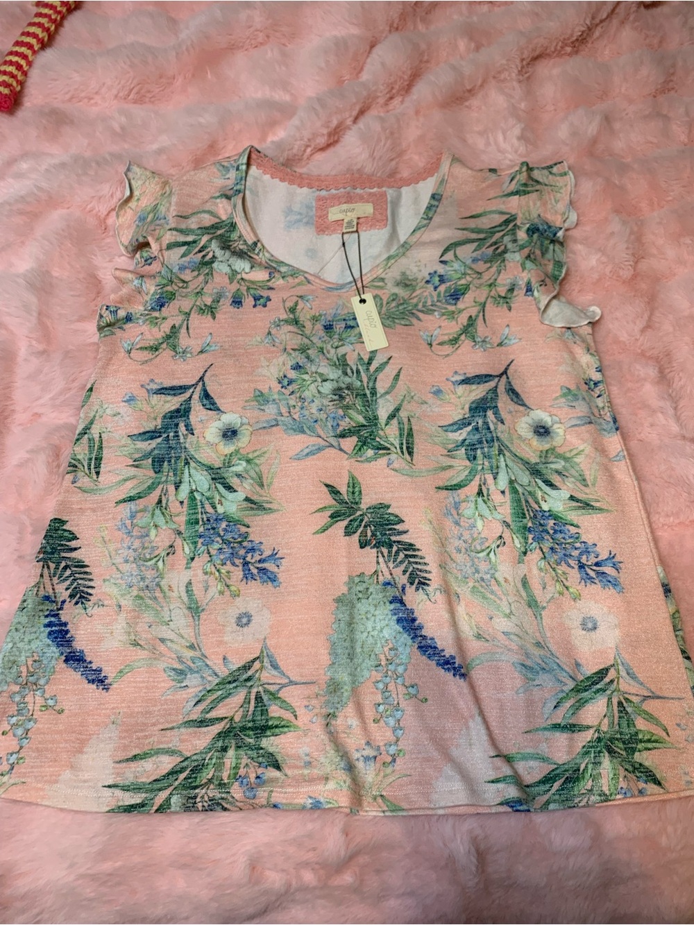 Cupio Blush Womens Short Sleeve Floral Print Blouse Sz L